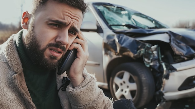 Photo a concerned driver on the phone with their insurance company after a car accident with the damaged