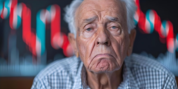 Concerned Elderly Man Fears Financial Loss as Stocks Plummet in Bear Market Concept Financial anxieties Elderly concerns Stock market crisis Bear market woes Retirement worries