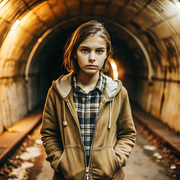 Photo concerned teen with depression in a tunnel