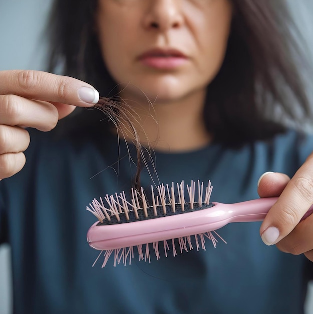 Photo concerned woman looking at hair falling from a brush