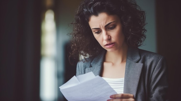 concerned woman reading bad news in a letter or a paper