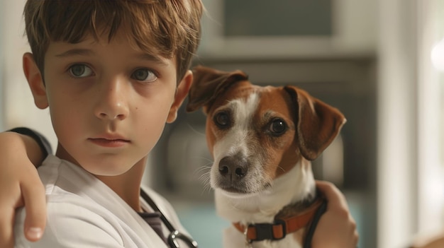 Concerned young boy holding his dog from a veterinarian at the clinic