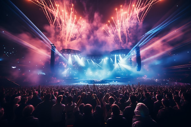 Concert crowd in front of a bright stage with lights and smoke