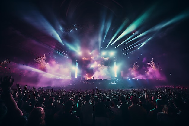 Concert crowd in front of a bright stage with lights and smoke