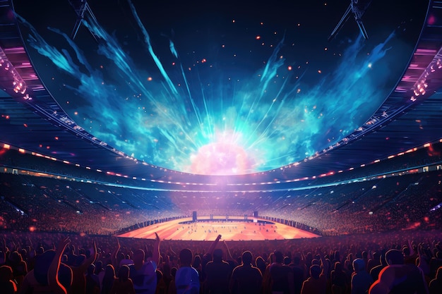 Concert crowd in front of a large stage with lights and smoke A live event such as a concert or halftime show taking place at a sports stadium AI Generated