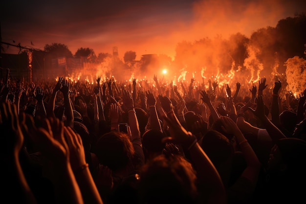 concert crowd with hands raised at a music festival professional advertising photography