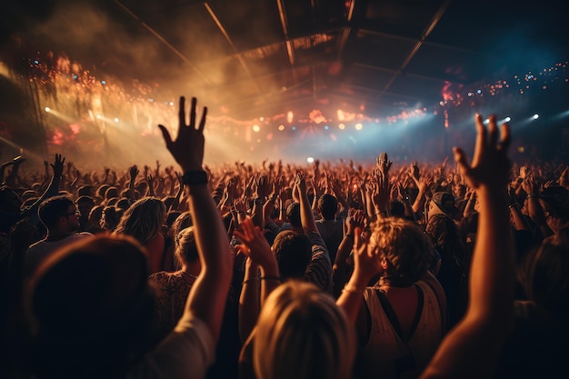 concert crowd with hands raised at a music festival professional advertising photography