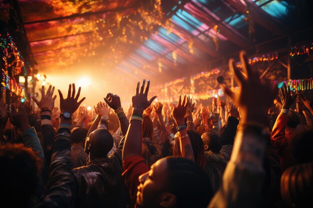 concert crowd with hands raised at a music festival professional advertising photography