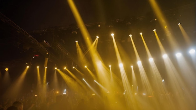 Concert crowd with raised hands and stage lights