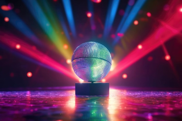 A concert dance stage of the 70s disco era with a shimmering disco ball and neon lights