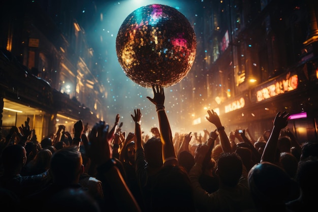 A concert dance stage of the 70s disco era with a shimmering disco ball and neon lights