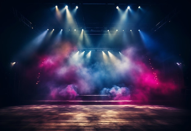 Concert Stage Scenery With Spotlights Colored Lights Smoke