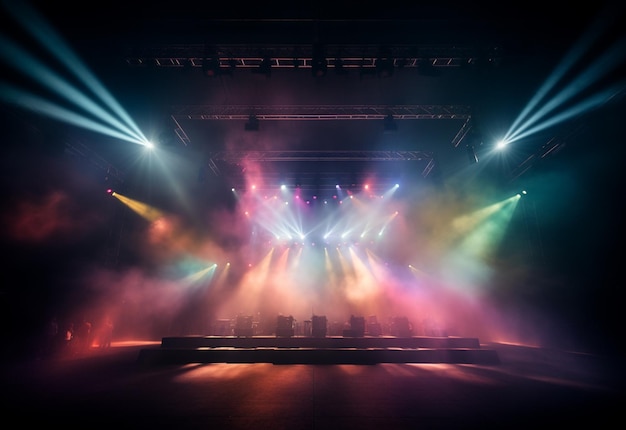 Concert Stage Scenery With Spotlights Colored Lights Smoke