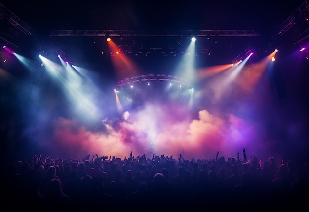 Concert Stage Scenery With Spotlights Colored Lights Smoke