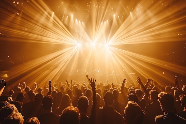 Concert Stage with Golden Lights and Enthusiastic Crowd