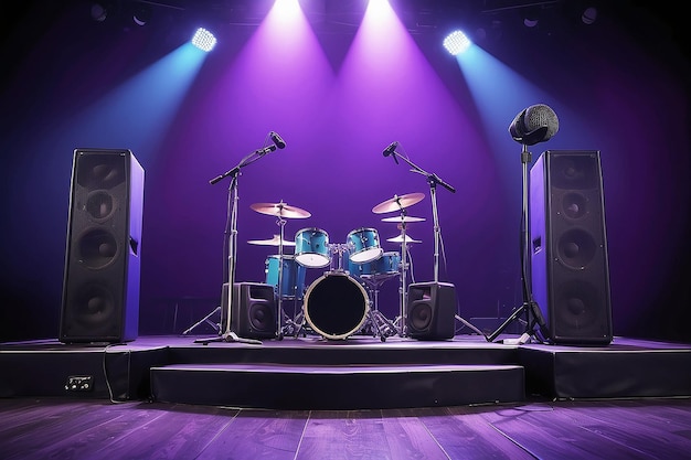 Concert stage with guitar microphone and speakers on purple blue background