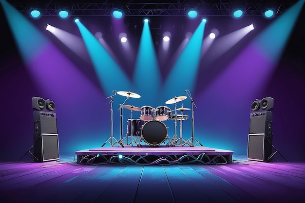 Concert stage with guitar microphone and speakers on purple blue background