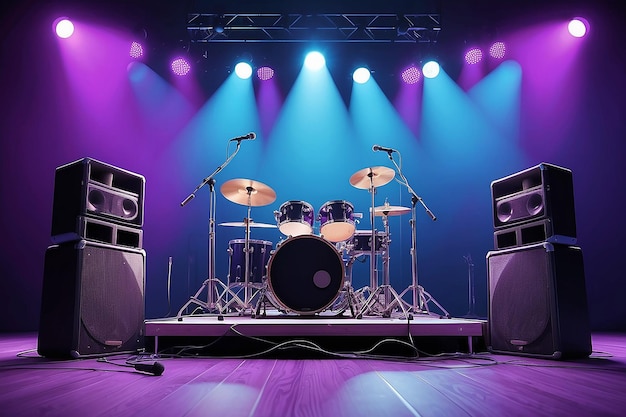 Concert stage with guitar microphone and speakers on purple blue background