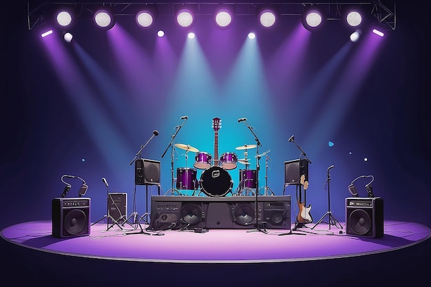 Concert stage with guitar microphone and speakers on purple blue background