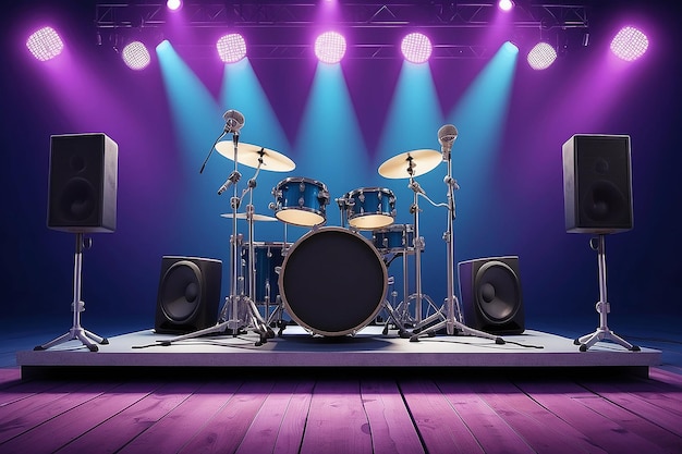 Concert stage with guitar microphone and speakers on purple blue background