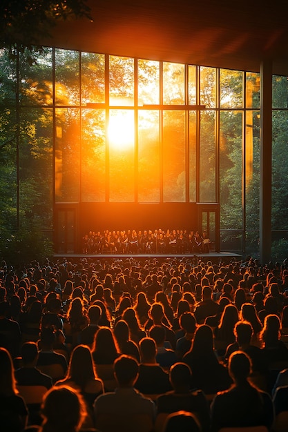 Photo a concert with a large crowd of people in front of a large stage with the sun behind them