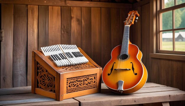 a concertina and mandolin leaning against an antique wooden bench in a quaint countryside barn