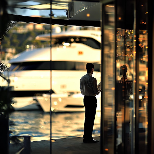 Photo a concierge booking a luxury yacht tour for hotel guests with a marina in the background