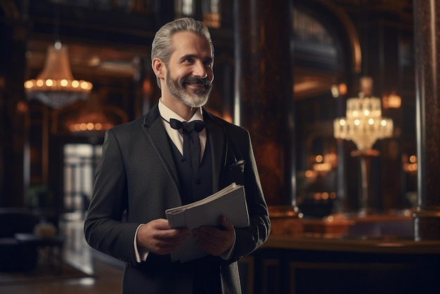 Concierge welcoming guests at hotel lobby Professional and luxury travel concep