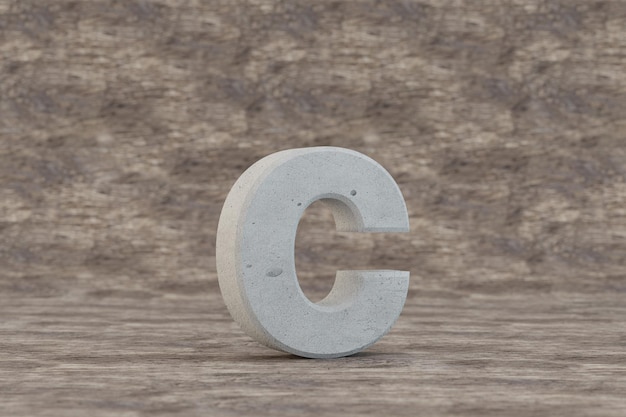 Concrete 3d letter C lowercase. Hard stone letter on wooden background. Concrete alphabet with imperfections. 3d rendered font character.