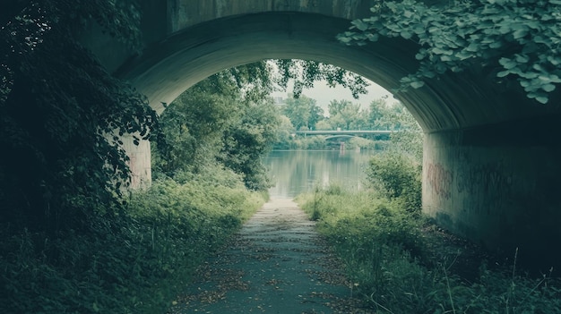 A Concrete Archway Leads to a Serene River and Bridge