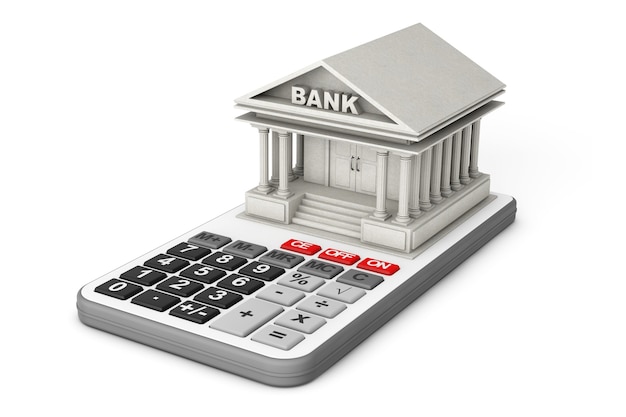 Concrete Bank Building over Calculator on a white background. 3d Rendering