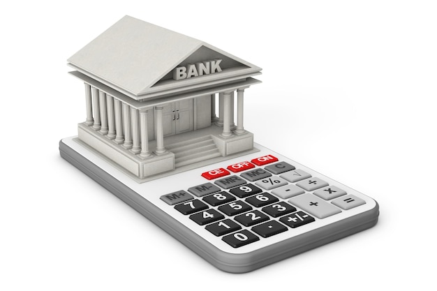 Concrete Bank Building over Calculator on a white background. 3d Rendering