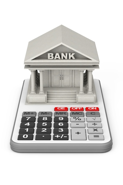 Concrete Bank Building over Calculator on a white background. 3d Rendering