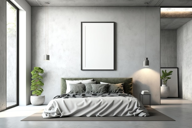 Concrete bedroom with empty frame Mockup