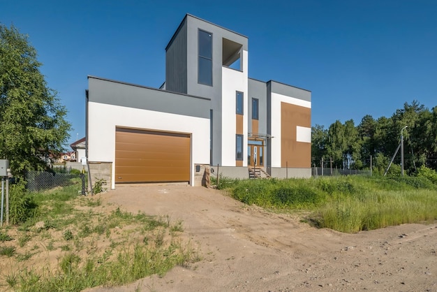 Concrete or brick country house or homestead in cubism or constructivism style