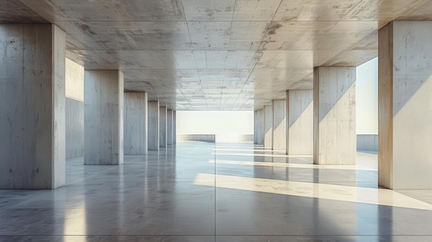 Concrete Columns and Floor with Sunlit Reflections