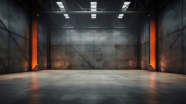 Concrete floor inside industrial building Use as large factory warehouse storehouse hangar or plant Modern interior with metal wall and steel structure with empty space for industry background