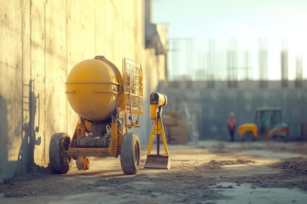 Concrete mixer and hammer drill at construction site