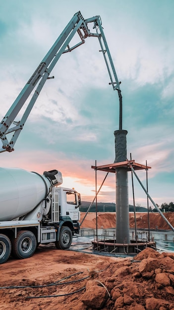 Photo concrete mixer truck delivers concrete to the pump for pouring piles concrete pump at the construct