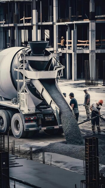 Photo concrete mixer truck pouring concrete on site