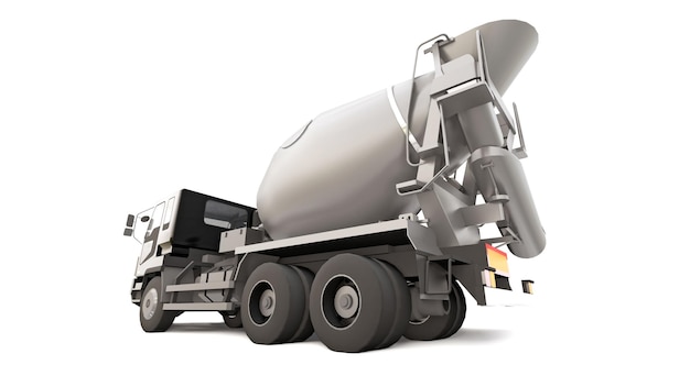 Photo concrete mixer truck with black cab and grey mixer on white background. three-dimensional illustration of construction equipment. 3d rendering.