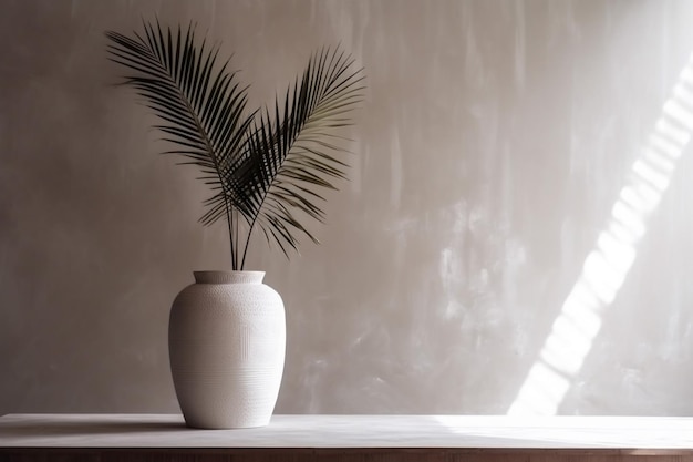 Concrete modern wall decor design shadows interior tree palm home sunlight vase Generative AI