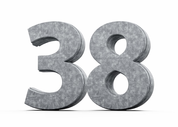 Photo concrete number thirty eight 38 digit made of grey concrete stone white background 3d illustration