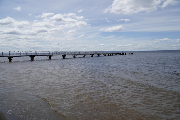 A concrete pier with a metal fence on the Volga River Ulyanovsk Russia