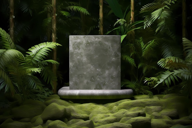 Concrete platform pedestal in tropical forest for product presentation and green forest