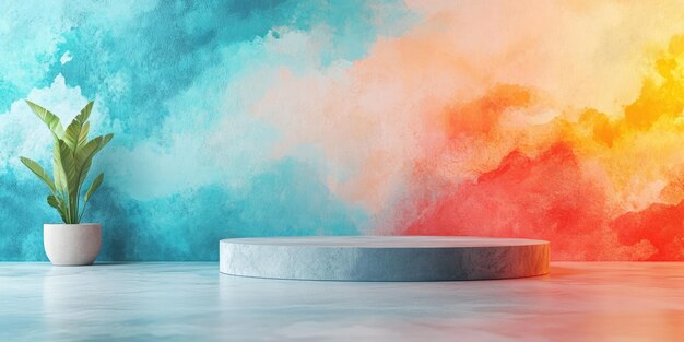 Concrete Platform with Watercolor Background and Plant