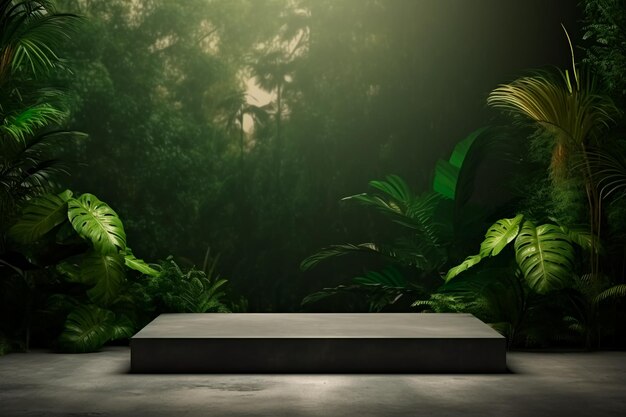 Concrete podium in a tropical forest for product presentation complemented by a lush green wall