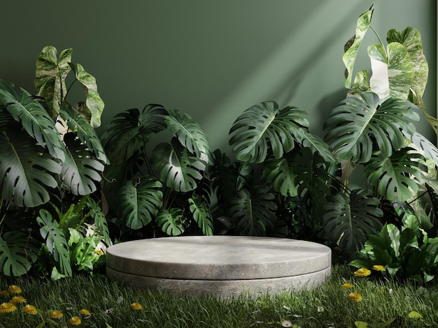 Concrete podium in tropical forest for product presentation and green background