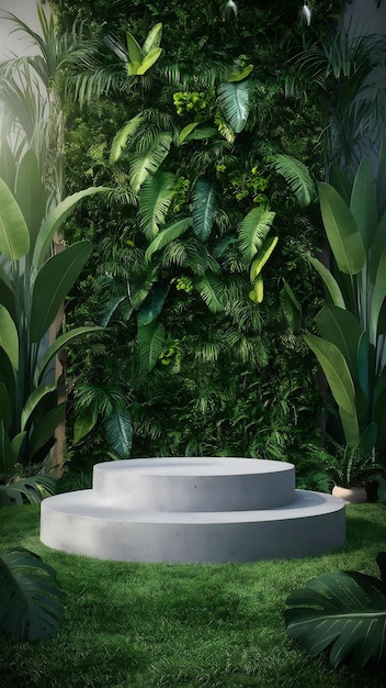 Concrete podium in tropical forest for product presentation and green wall3d rendering