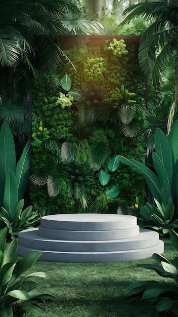 Concrete podium in tropical forest for product presentation and green wall3d rendering